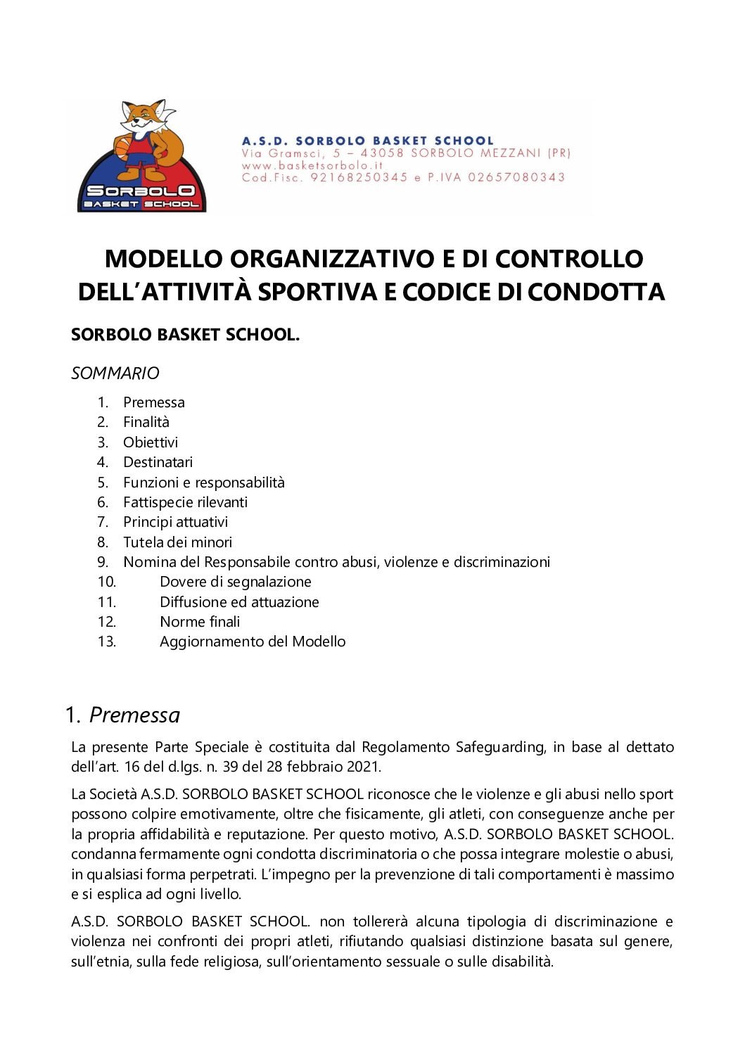 Modello organizzativo e codice di condotta SBS